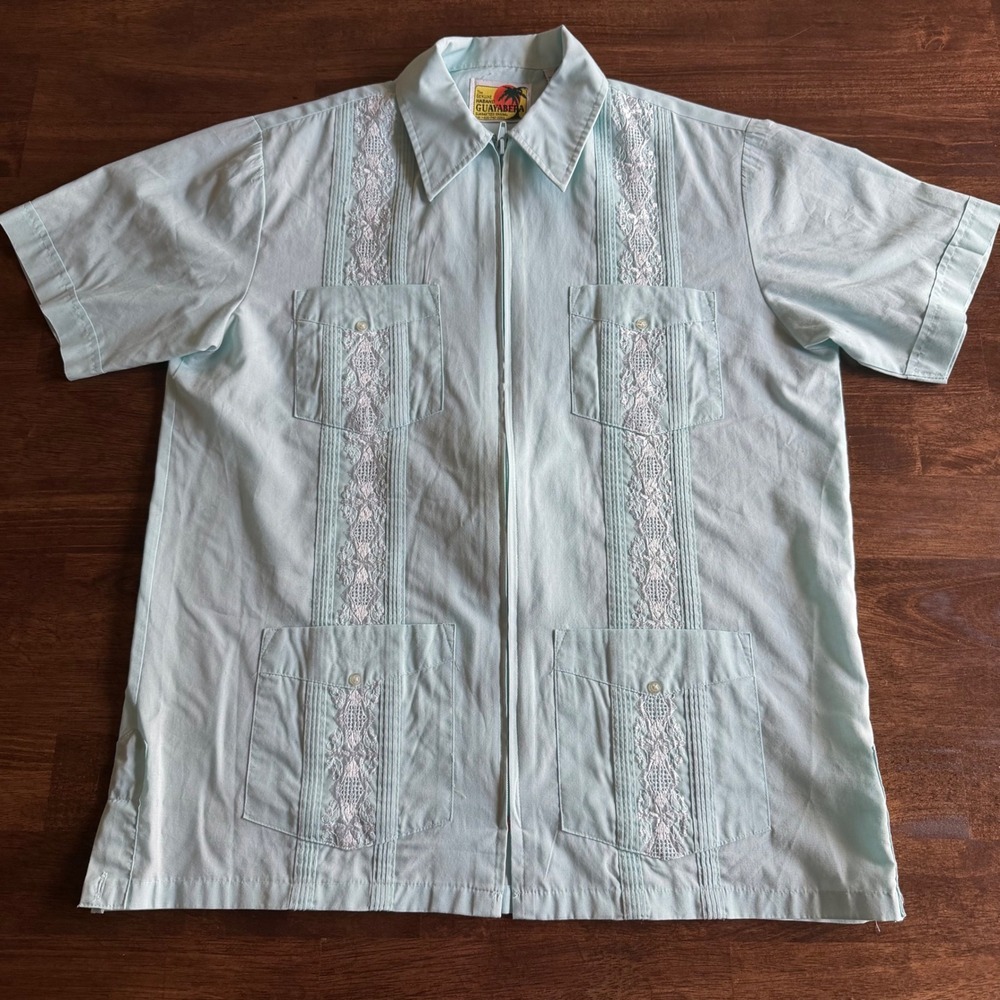 Haband Genuine Guayabera Mens Medium Light Blue Zip Front Lace Embroidered Shirt
